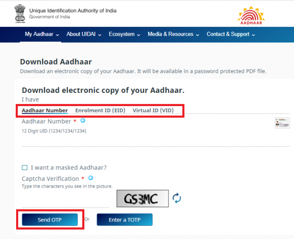 Enter your 12-digit Aadhaar number. Select the “Masked Aadhaar” option