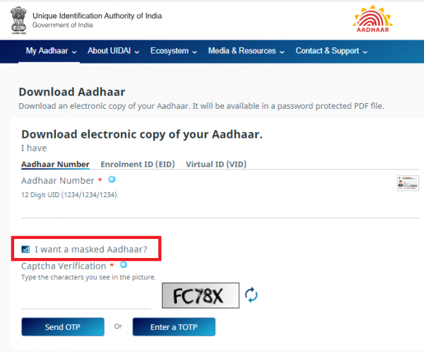 Select Aadhaar, VID or Enrolment Number in the “Enter your personal details” section