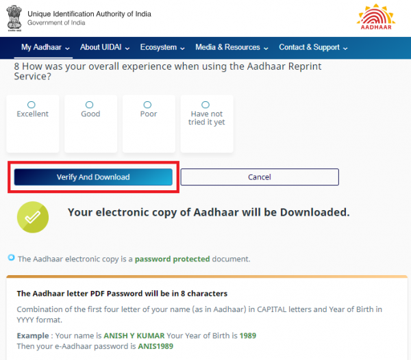 click “Verify And Download” to download the eAadhaar card.