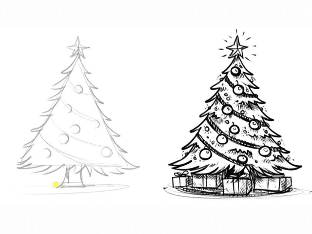 step by step Christmas tree drawing in pencil art