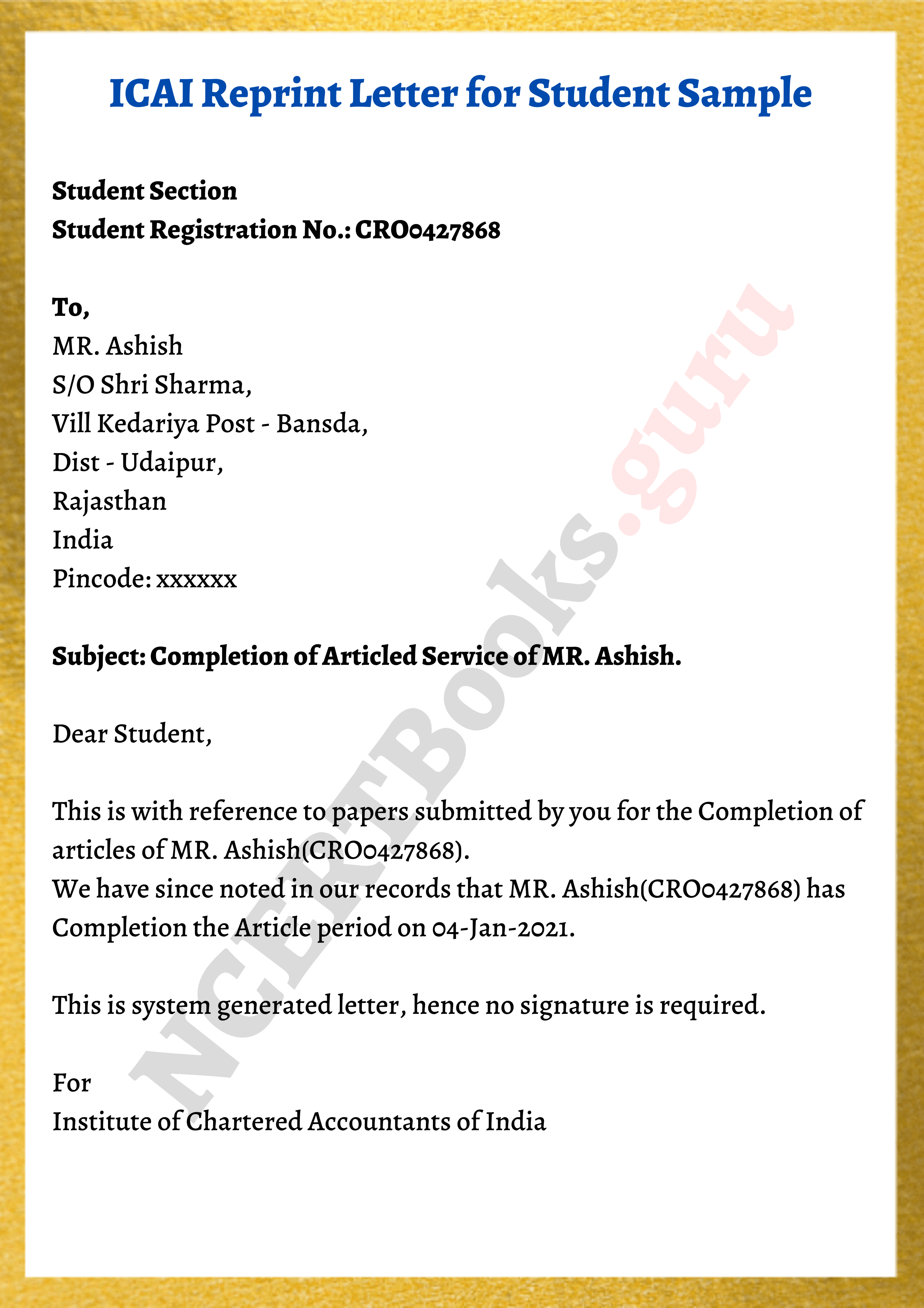 ICAI Reprint Letter sample