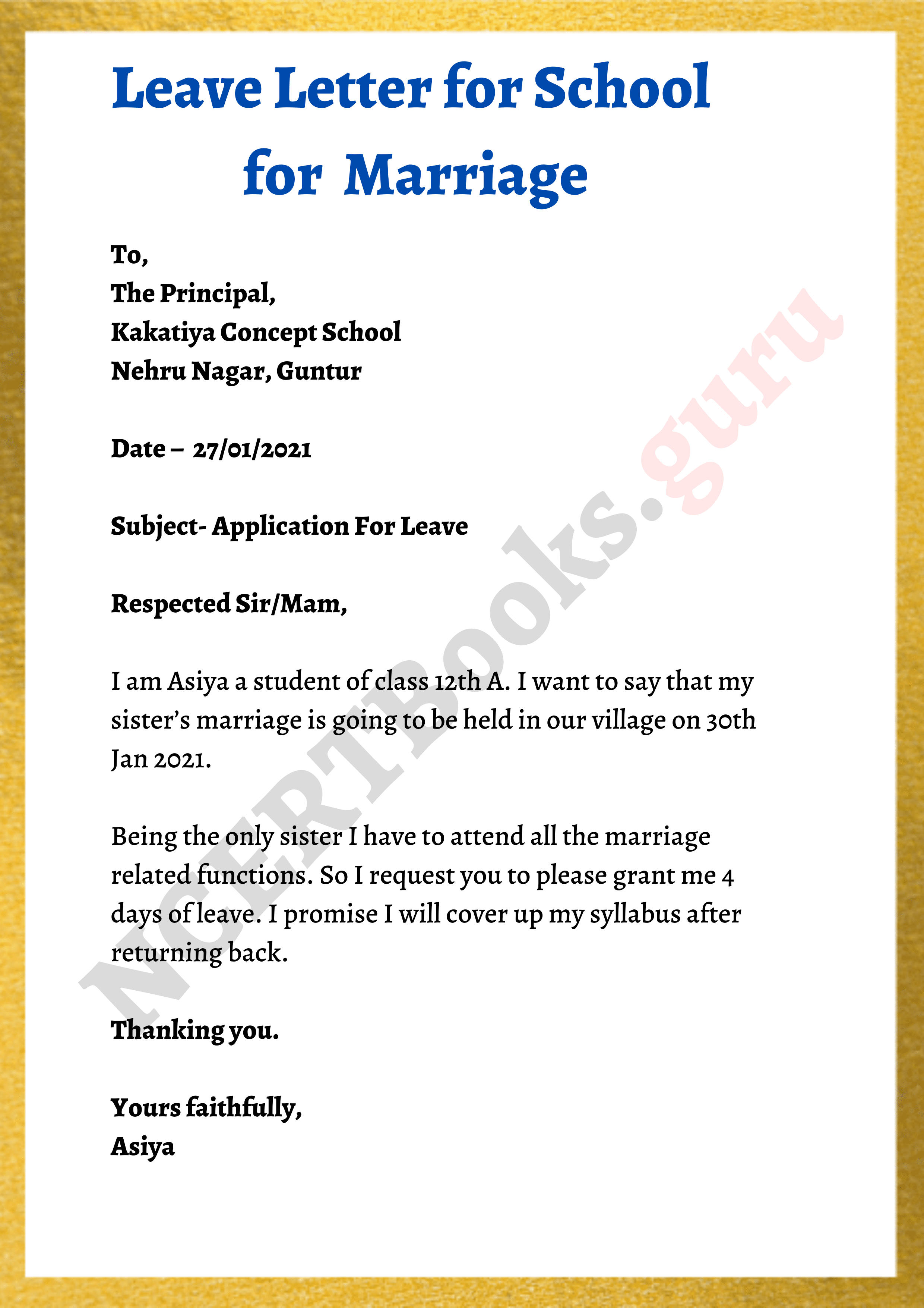 Leave Letter for School for Marriage