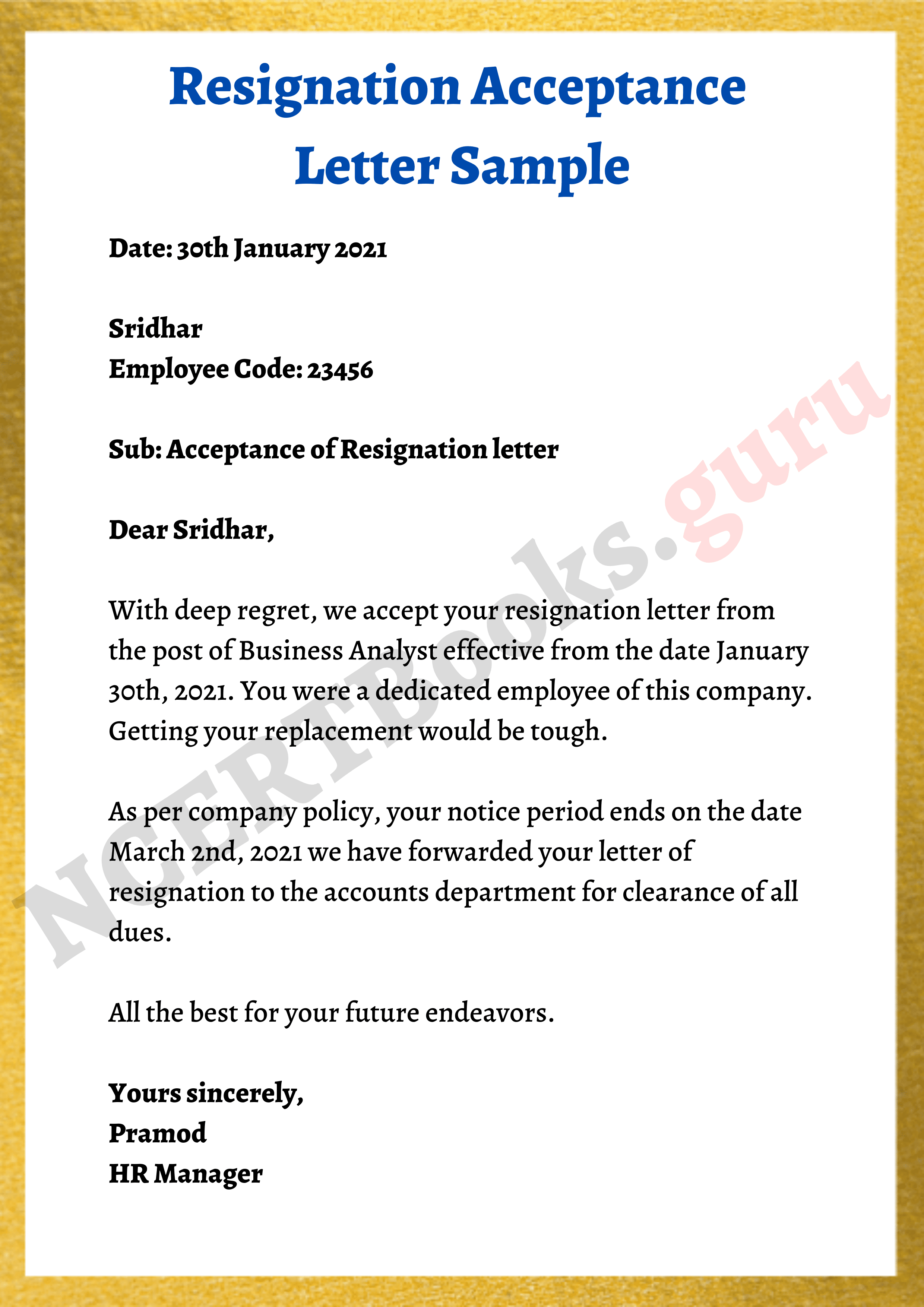 Resignation Acceptance Letter Sample