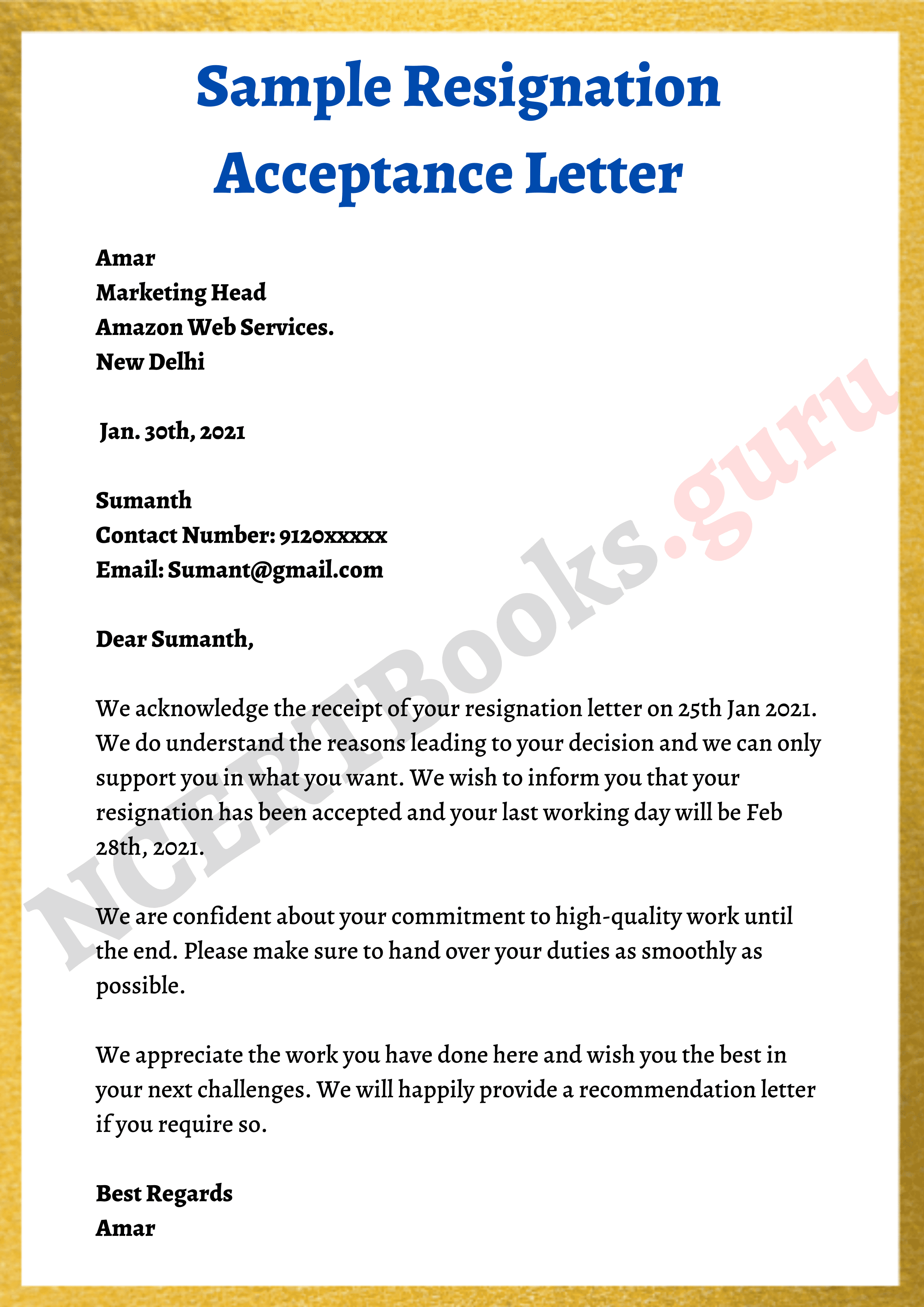 Sample Resignation Acceptance Letter