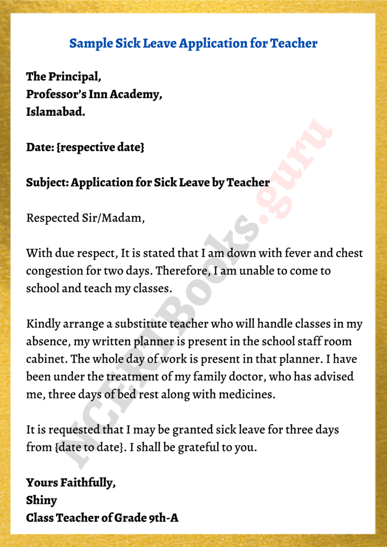 application letter for teacher for sick leave