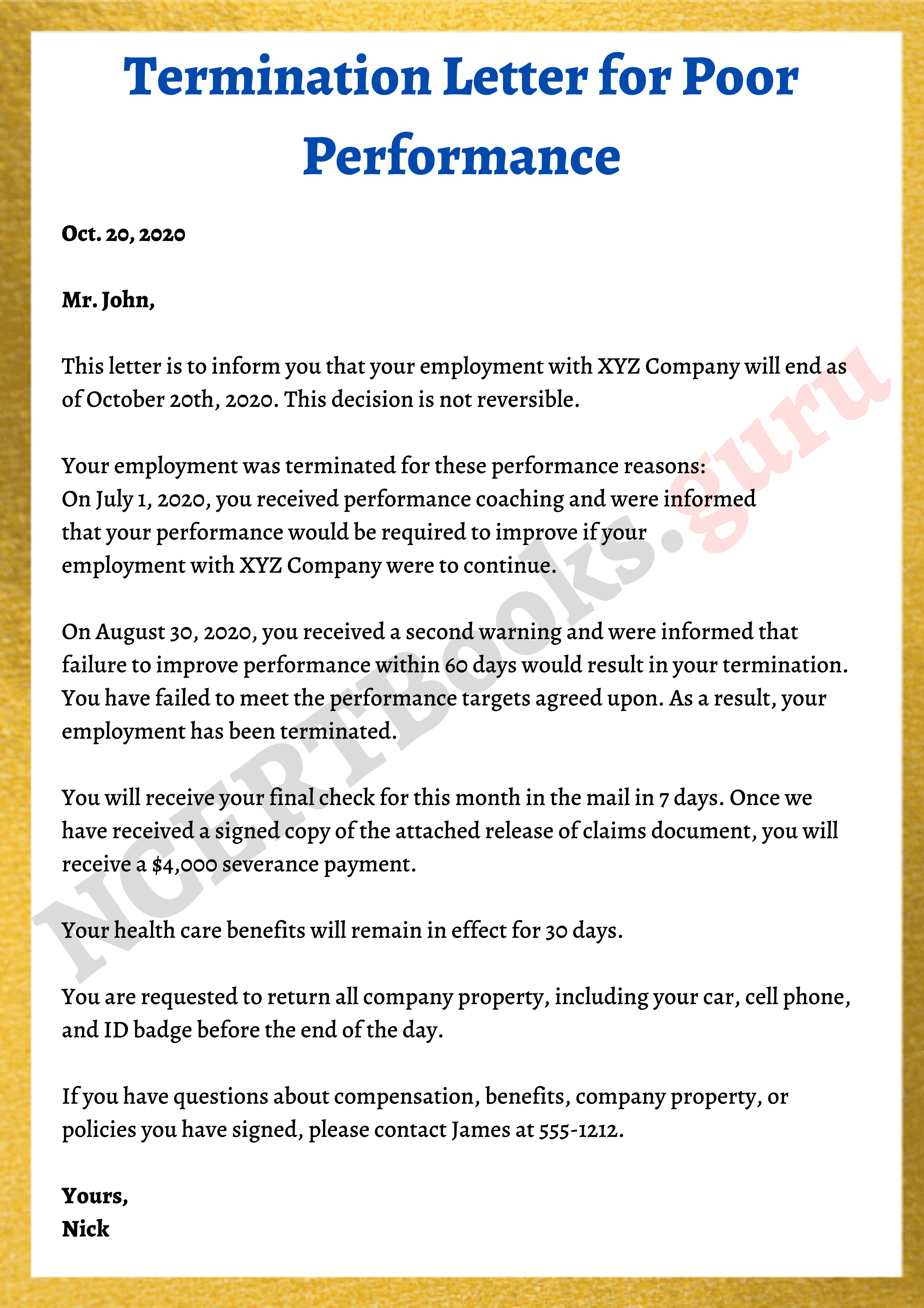 Termination Letter for Poor Performance