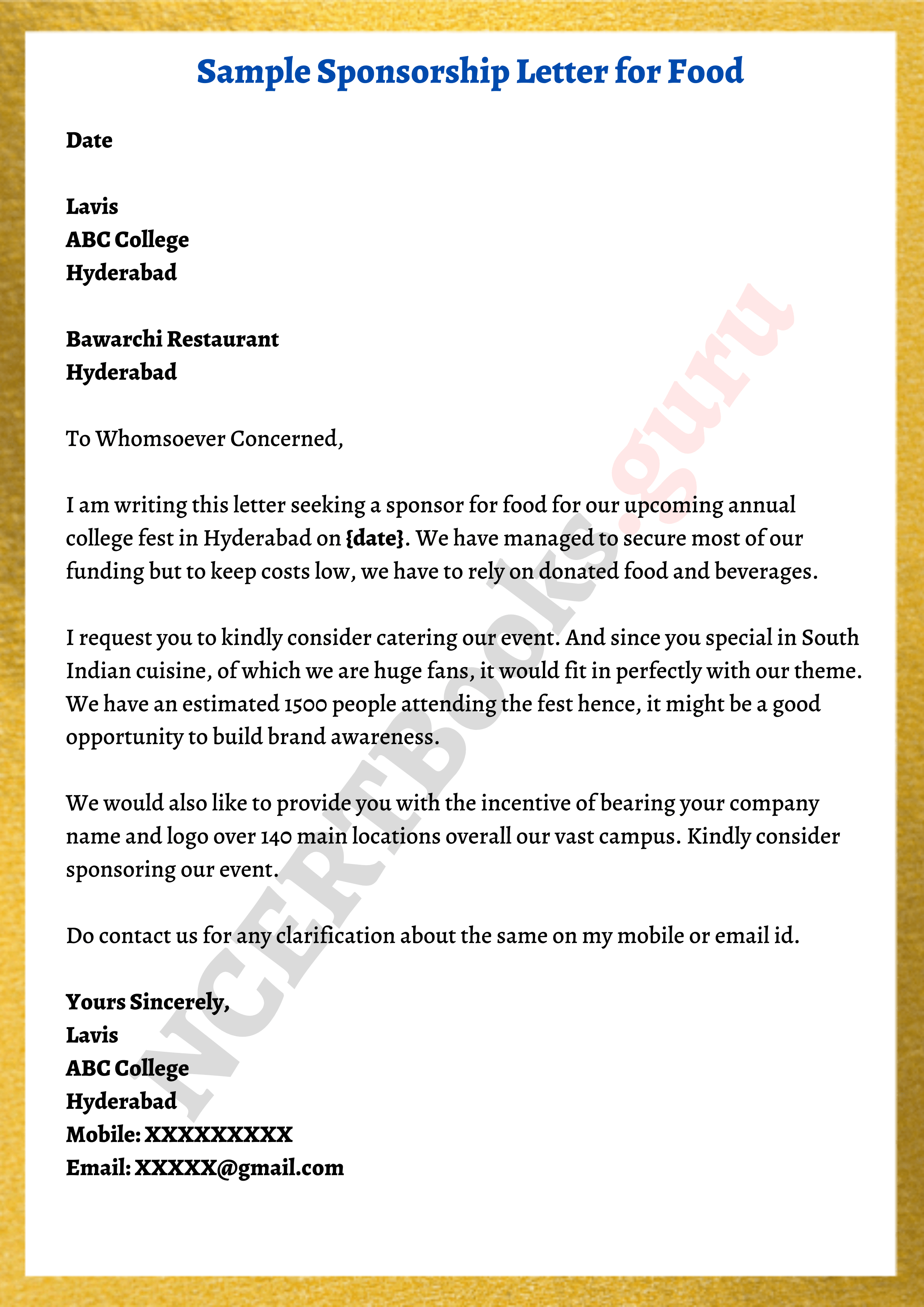 food sponsorship letter writing sample