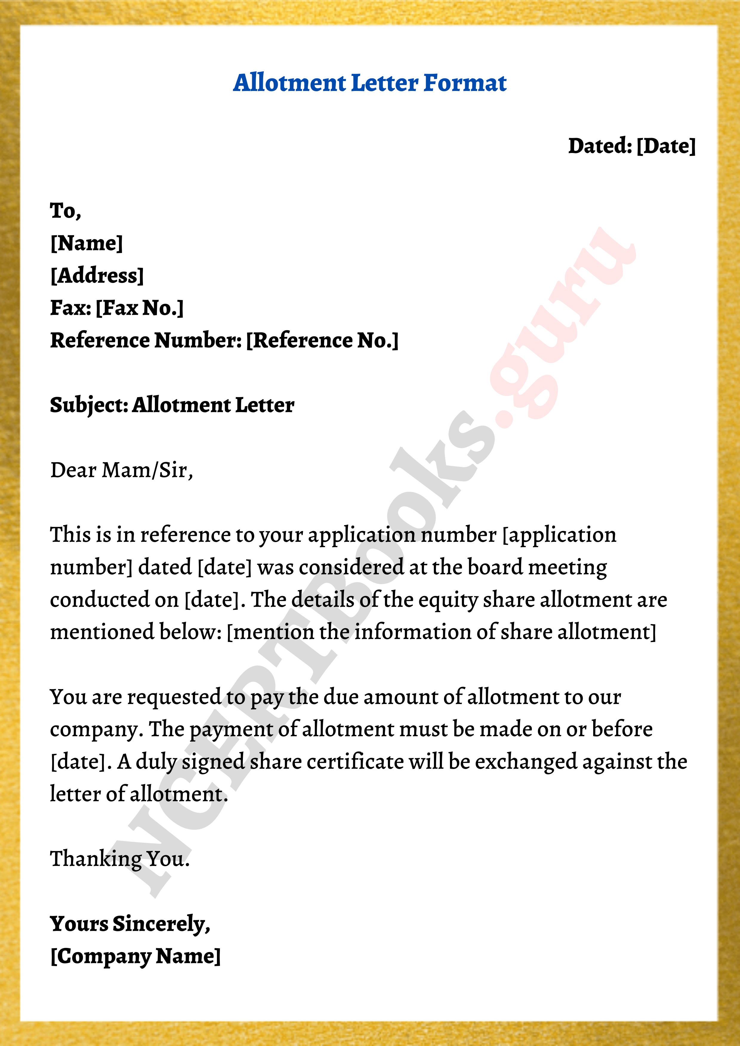 format of Allotment Letter