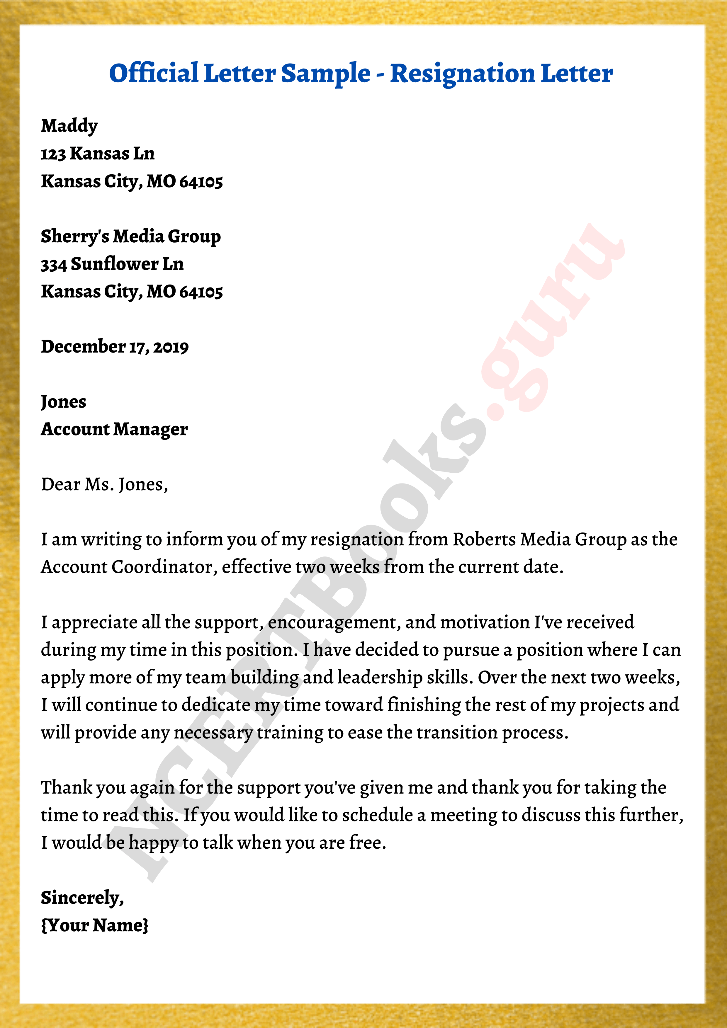 resignation official letter sample