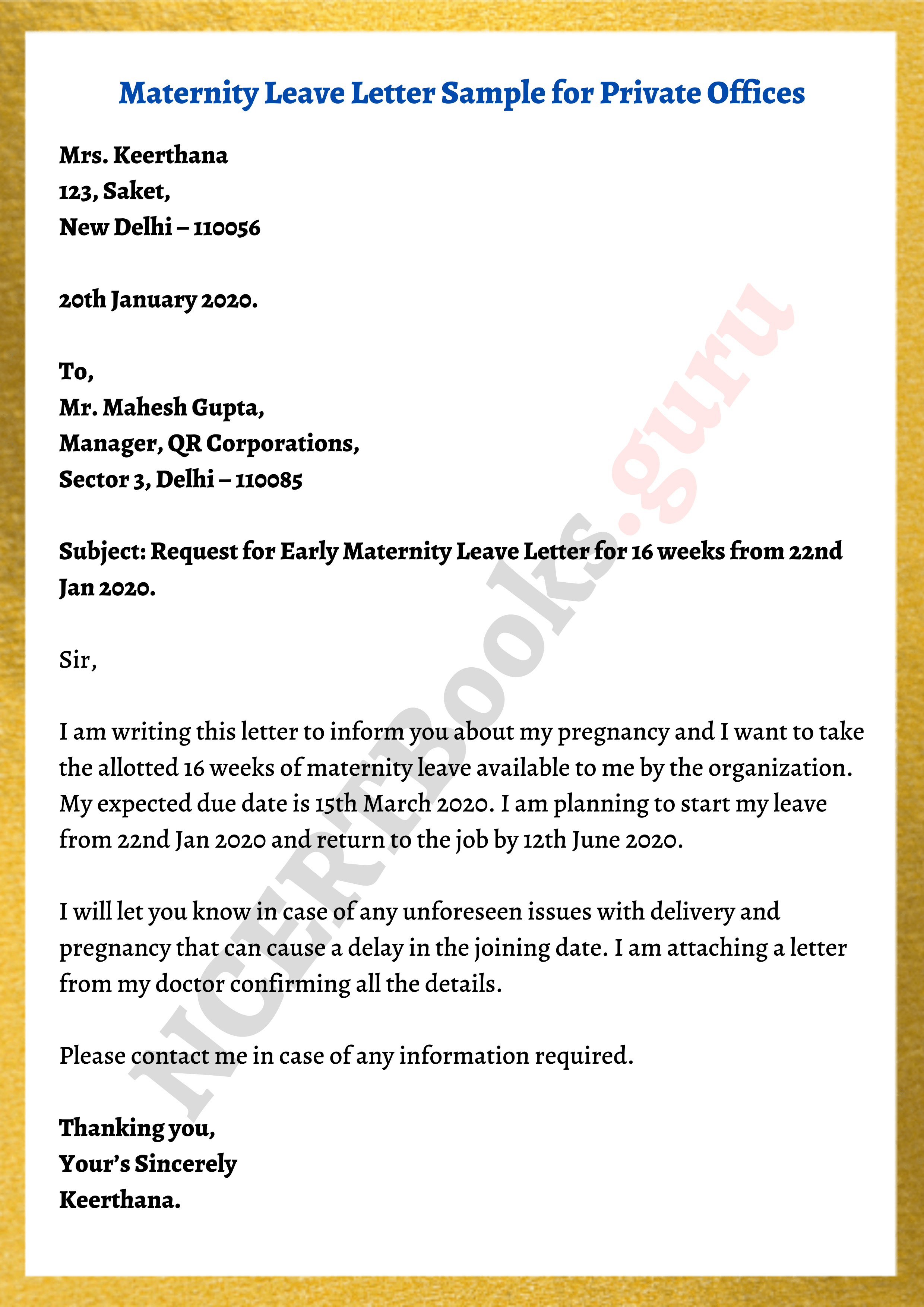 application letter format for maternity leave