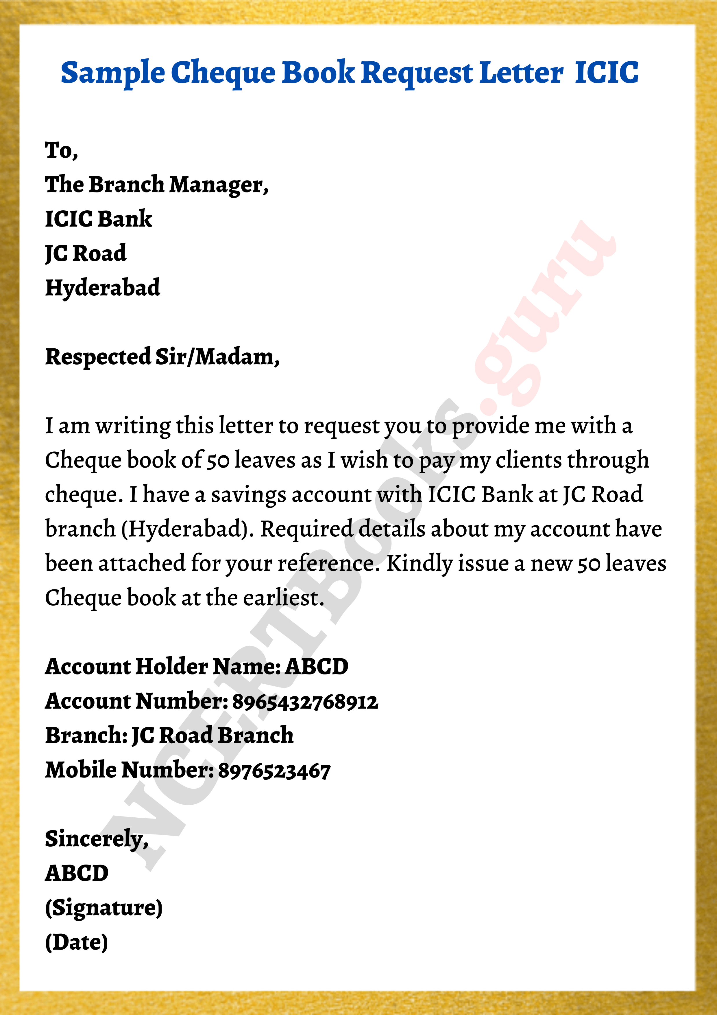 sample icic bank cheque book request letter