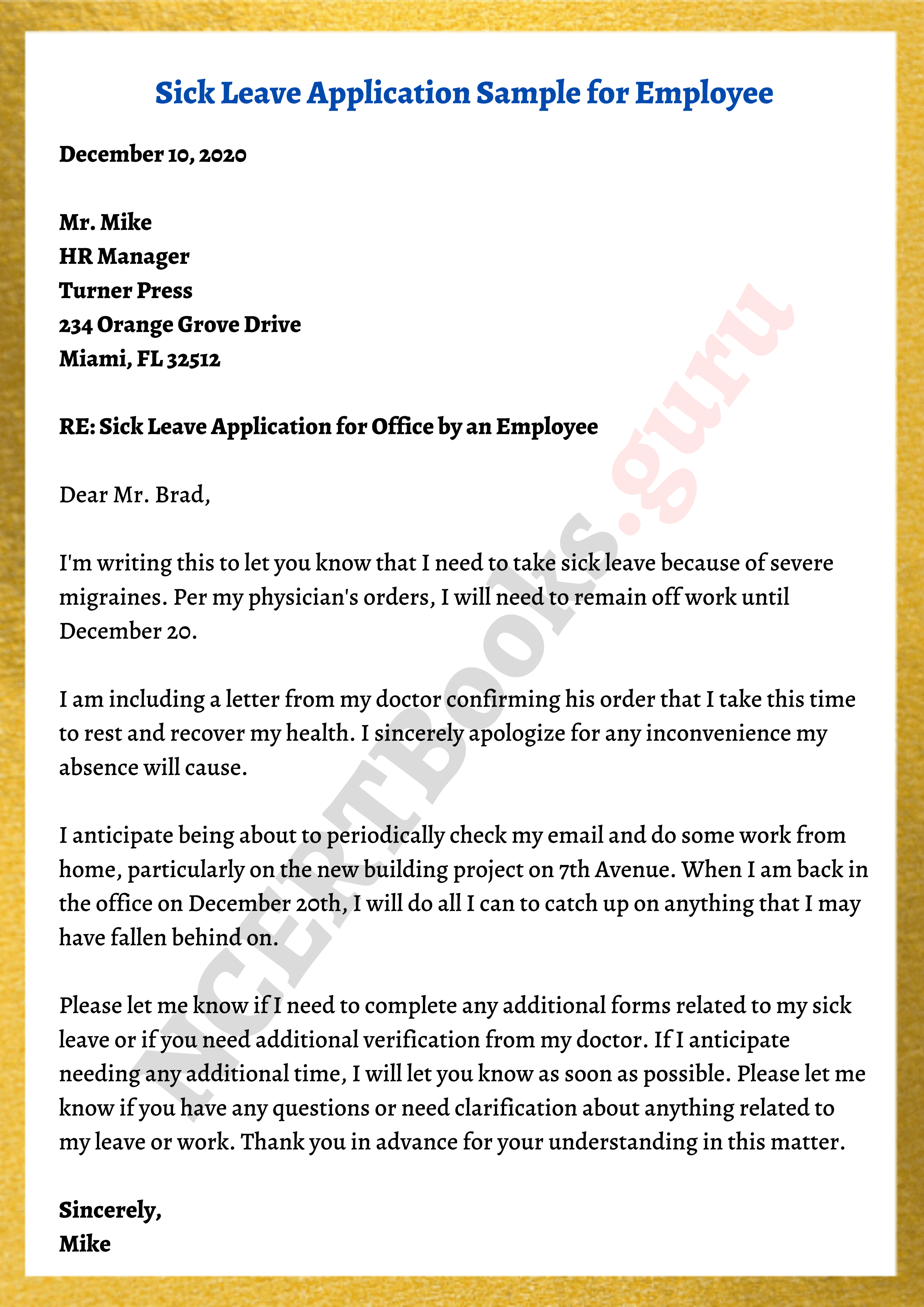 application letter for leave due to sickness