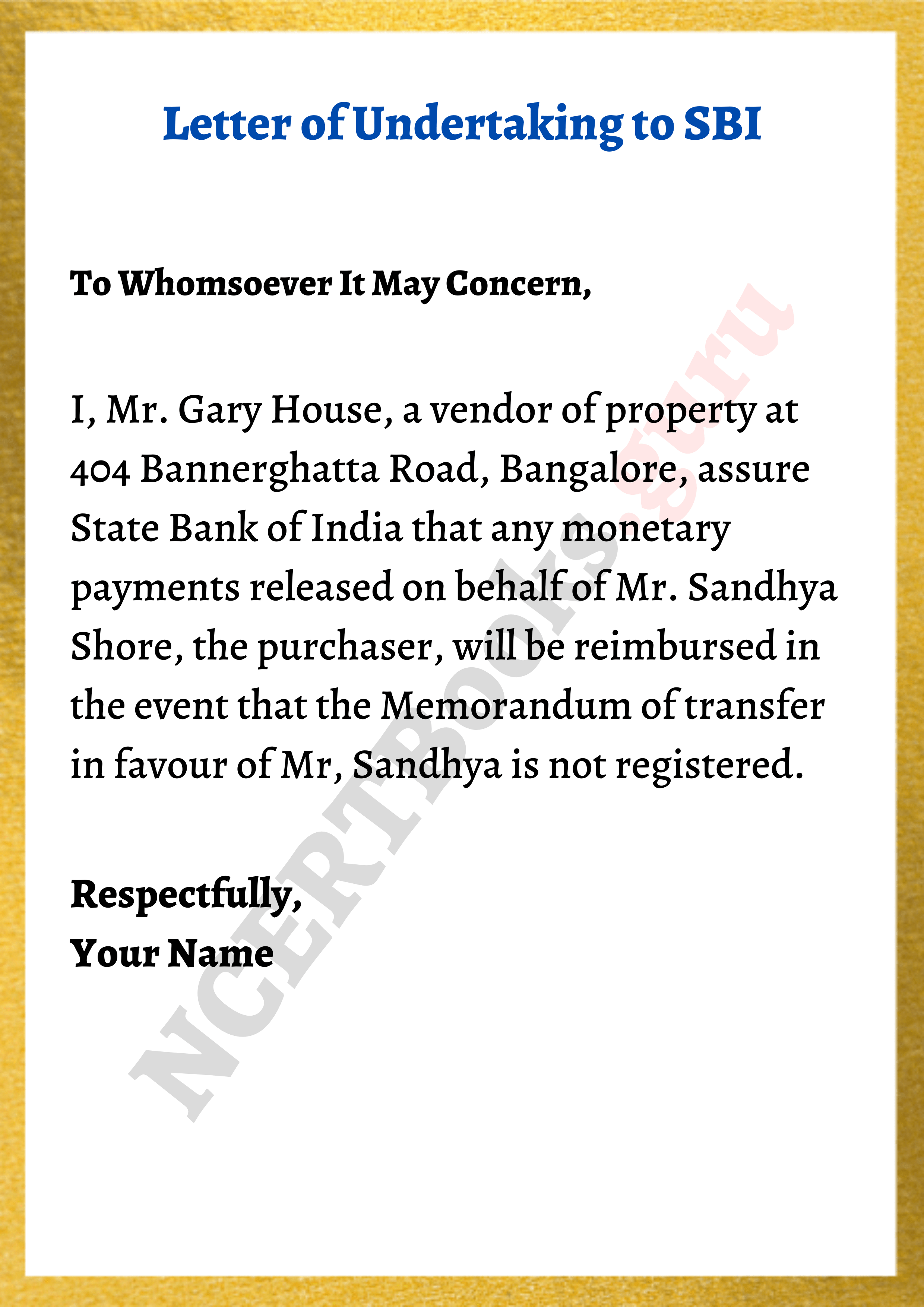 undertaking letter to state bank of india
