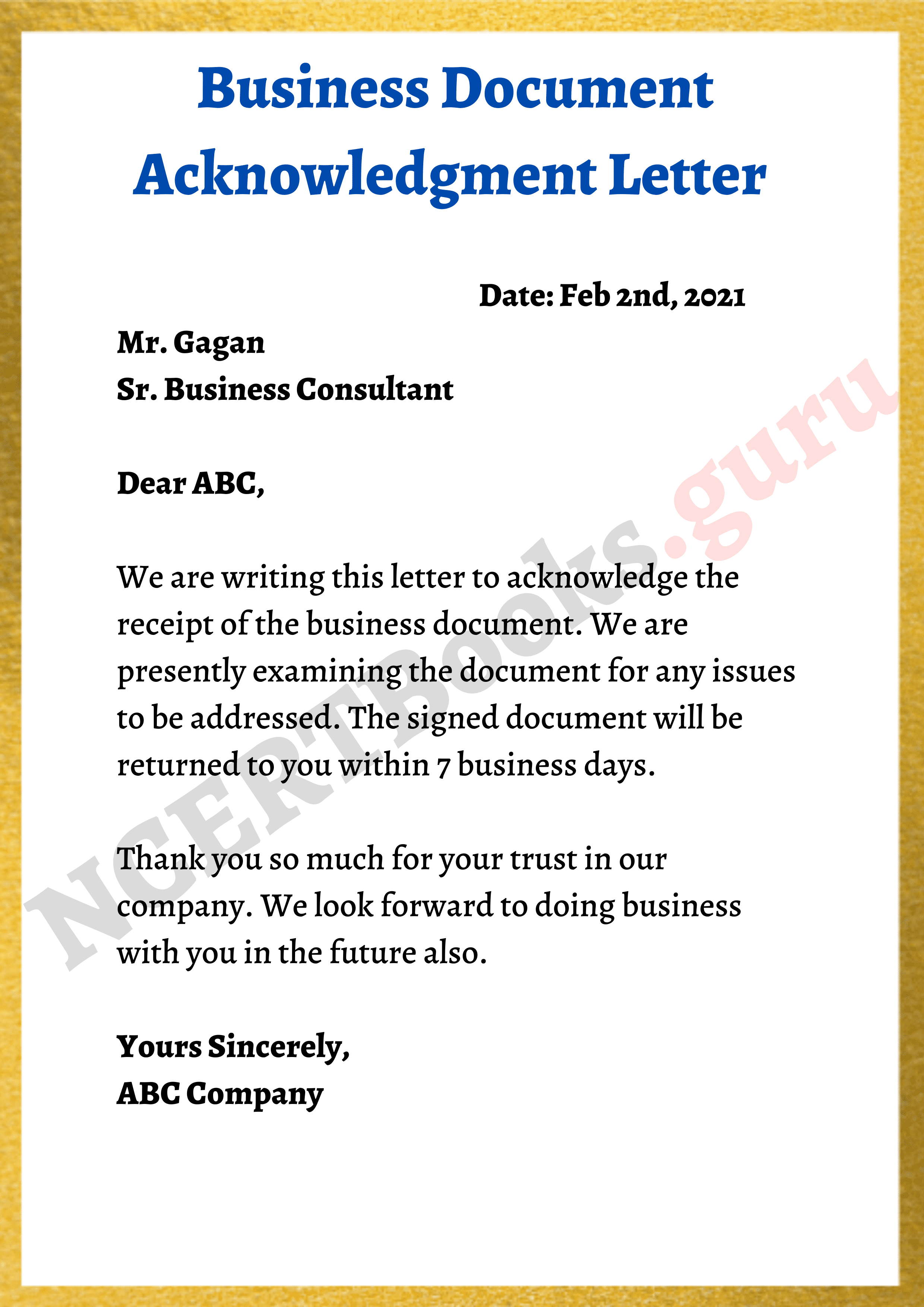 Business Document Acknowledgement Letter