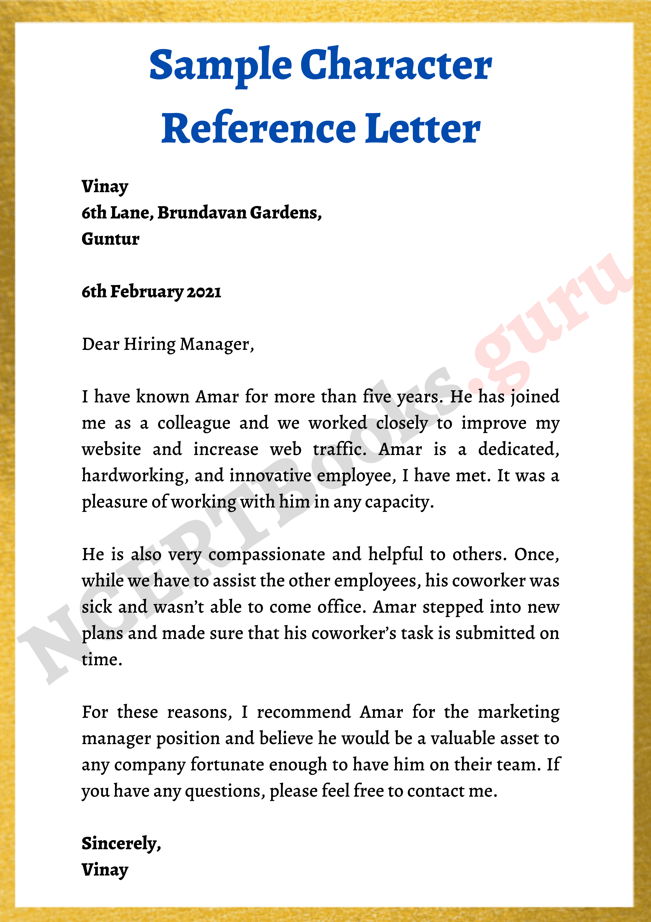 Character Reference Letter Example