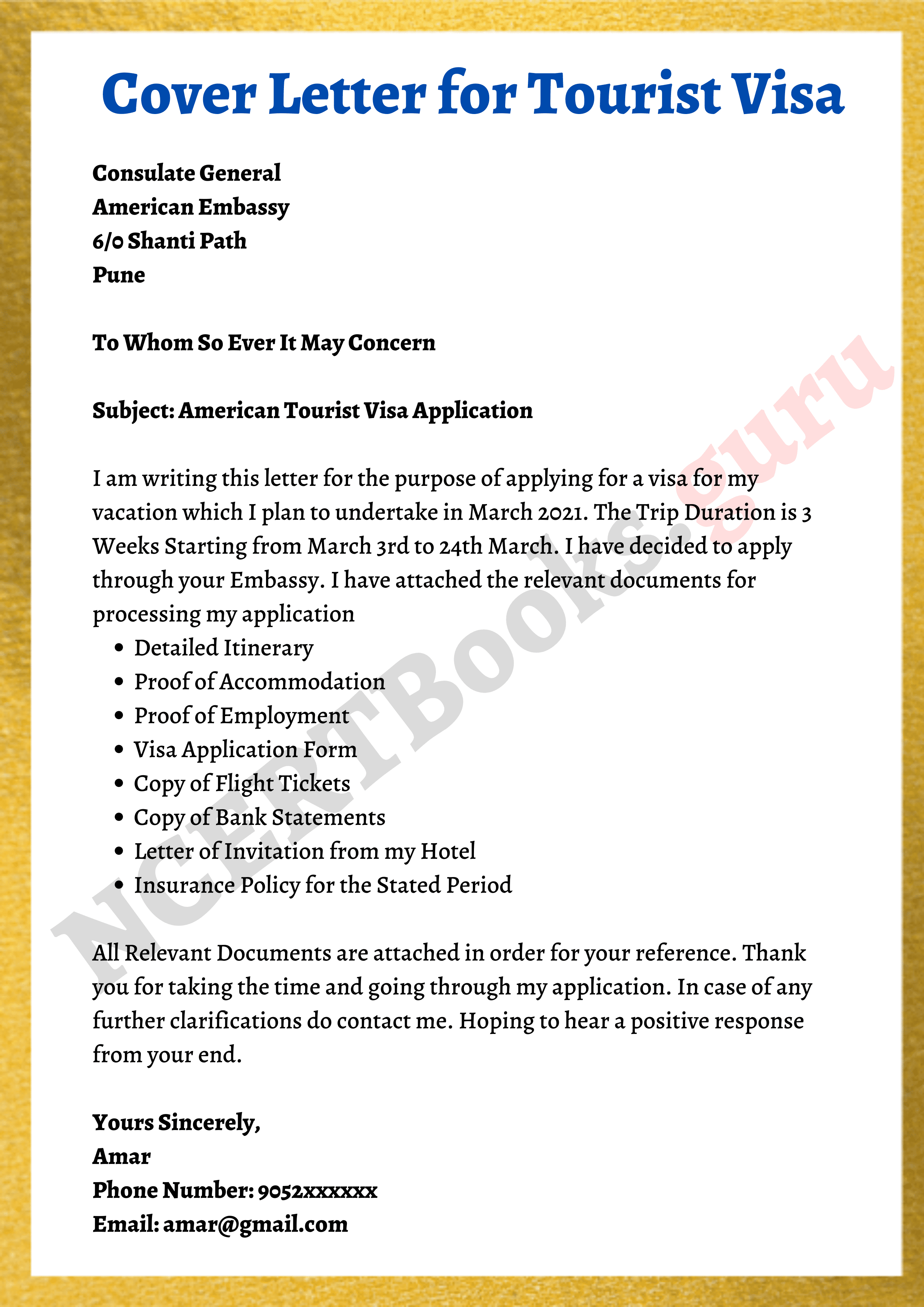 sample of cover letter for visa