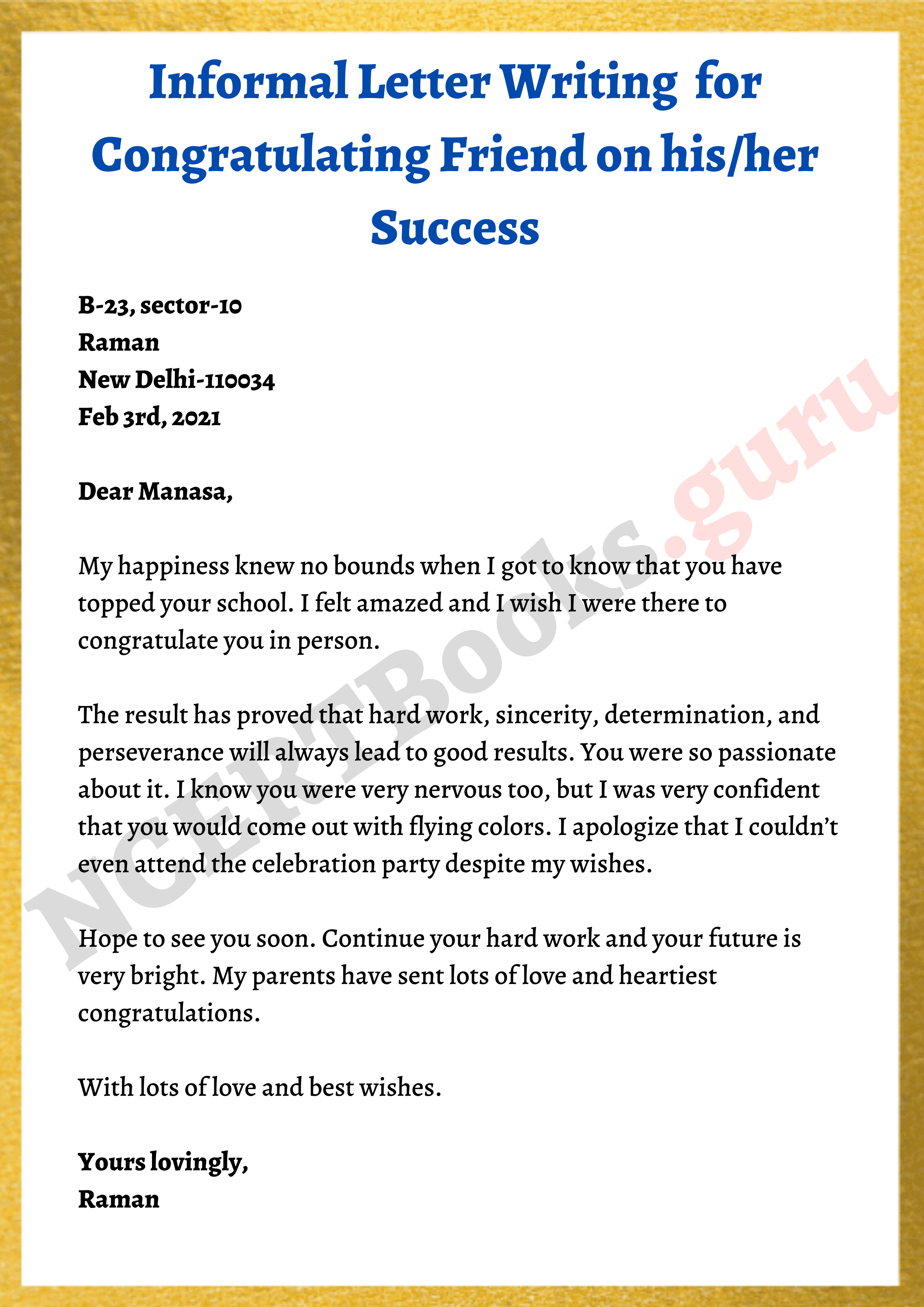Informal Letter Writing Sample for Congratulating Friend on their Success
