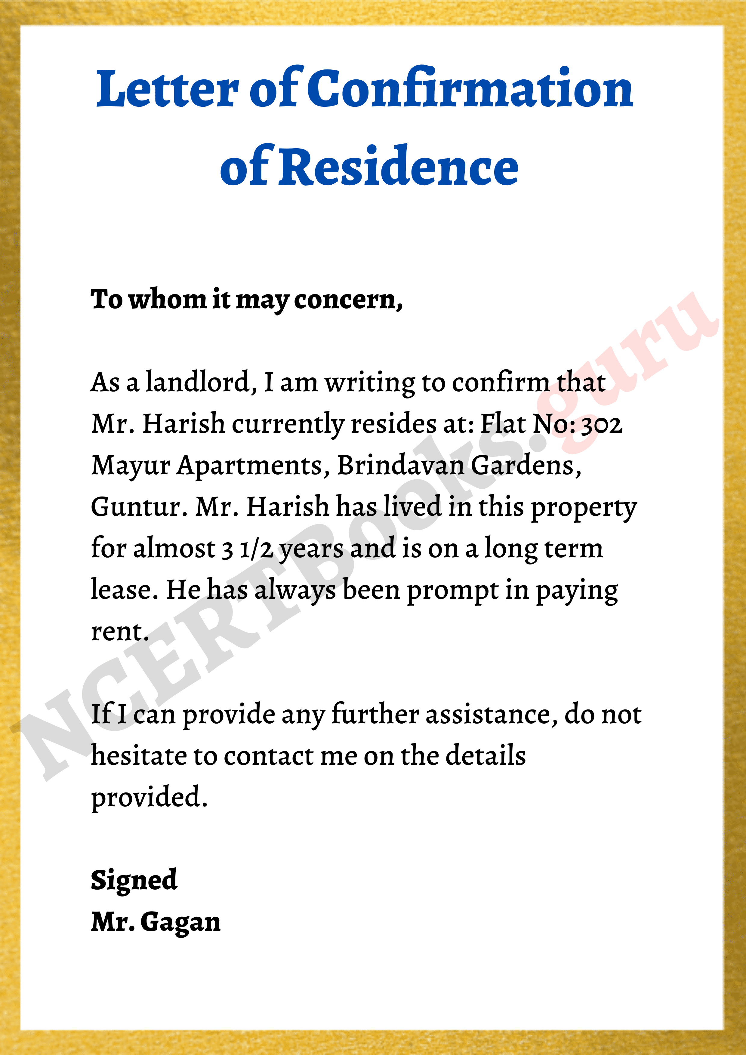 Letter of Confirmation for Residence