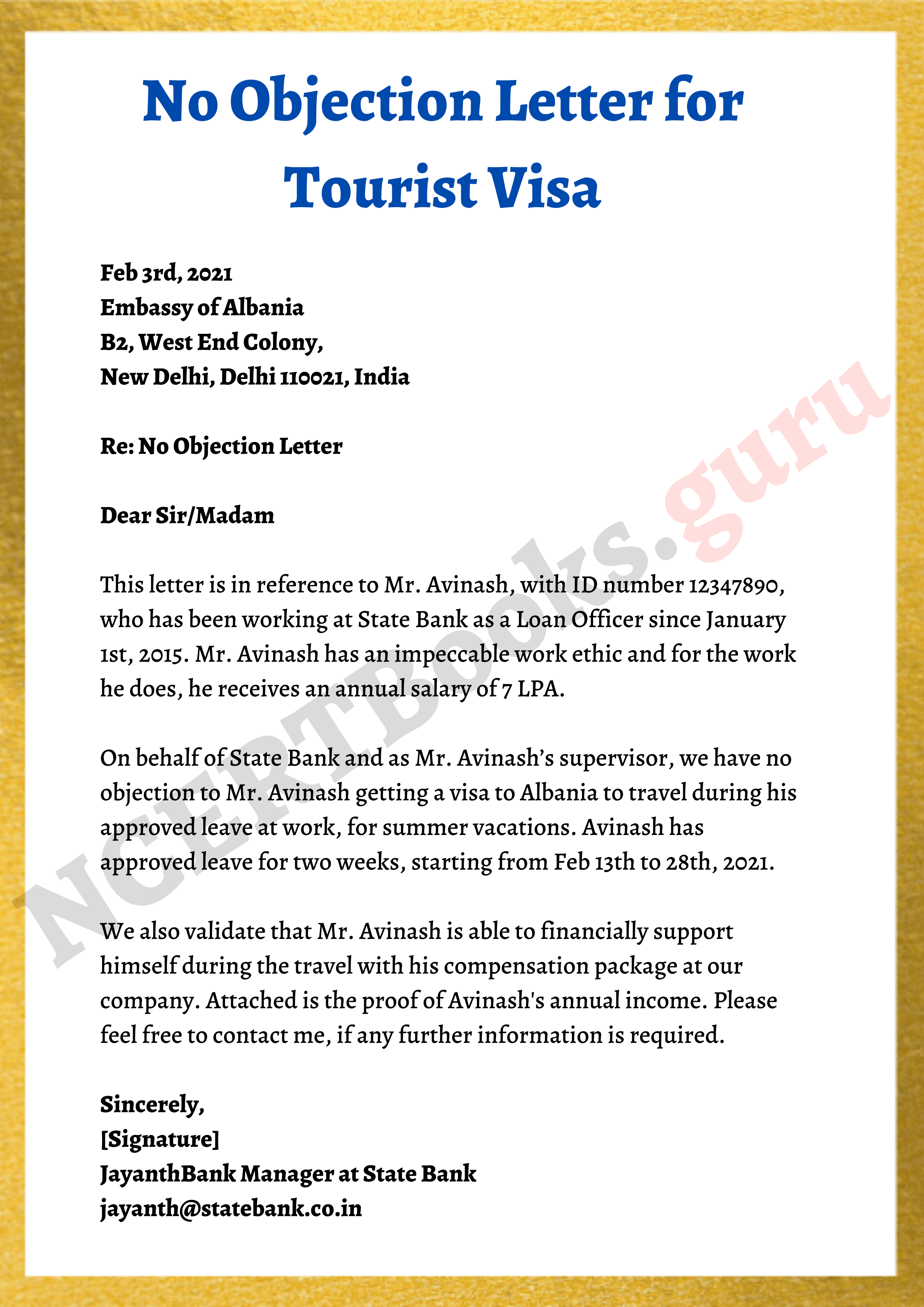 No Objection Letter for Tourist Visa