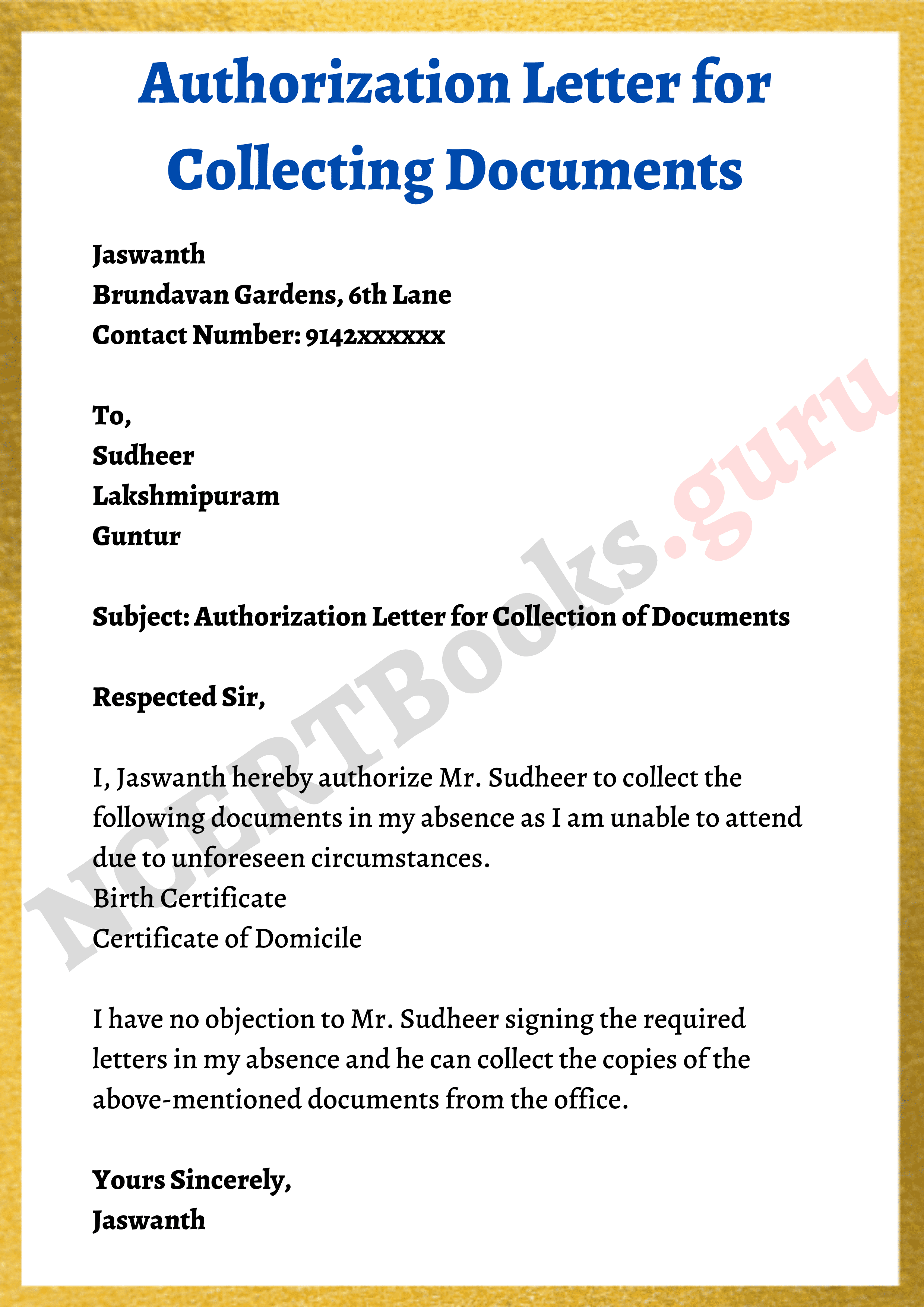 Sample Authorization Letter to Collect Certificates