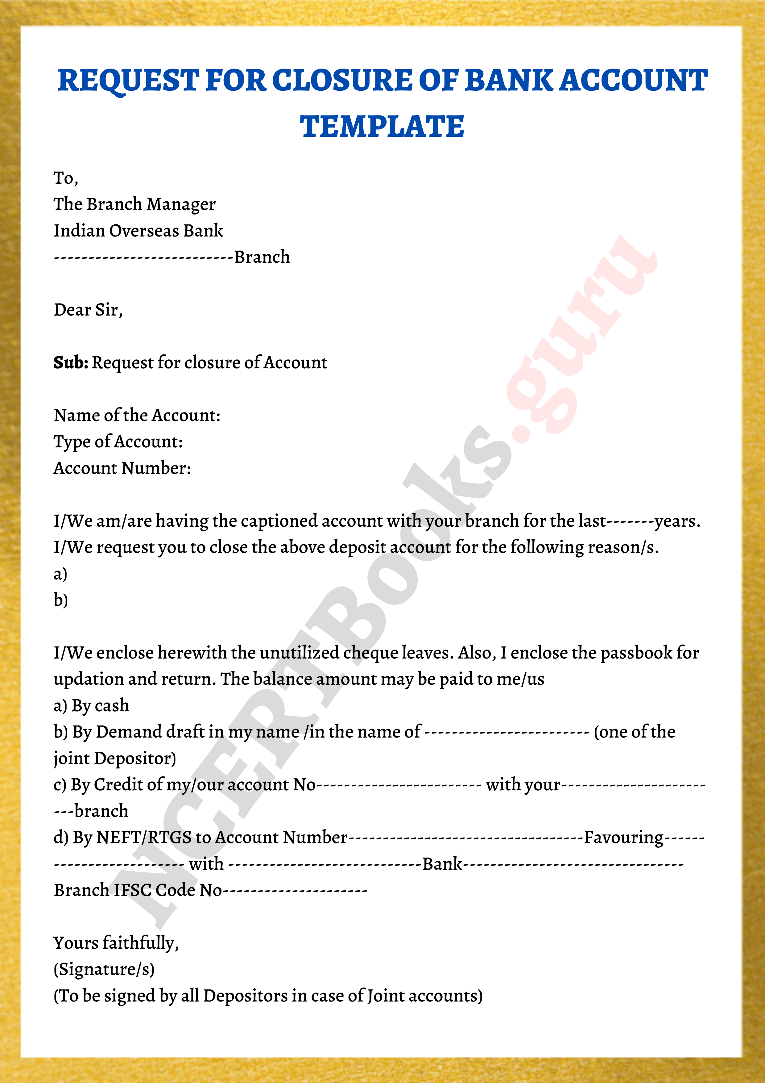 Template of letter to close the bank account