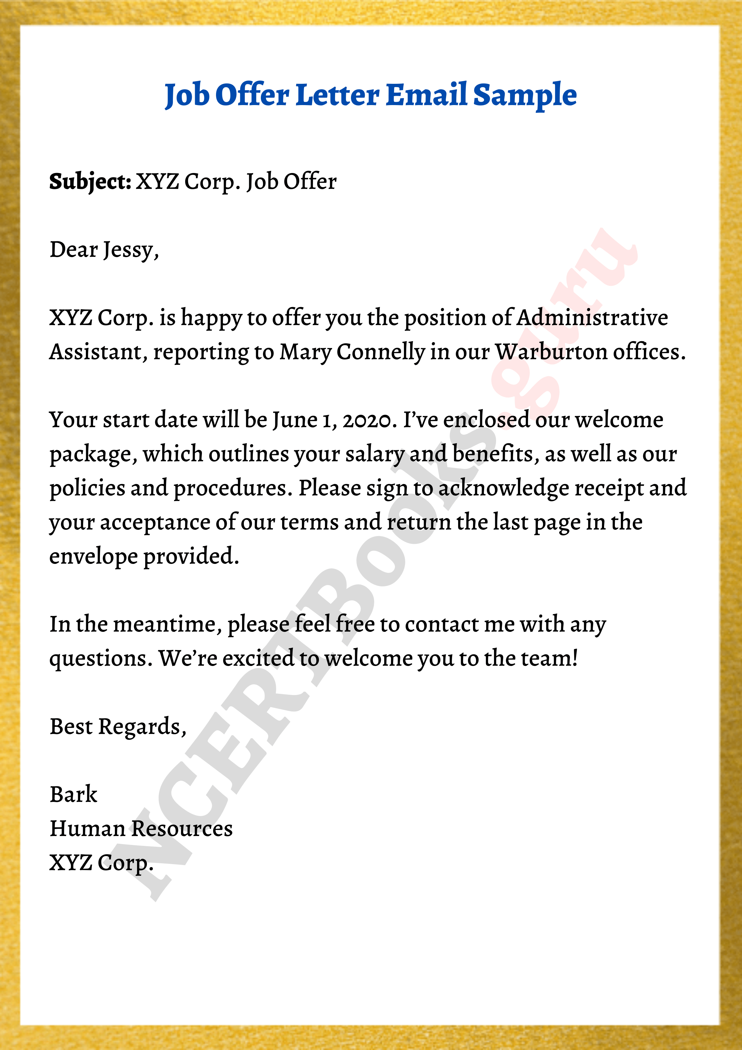 sample of job offer cover letter