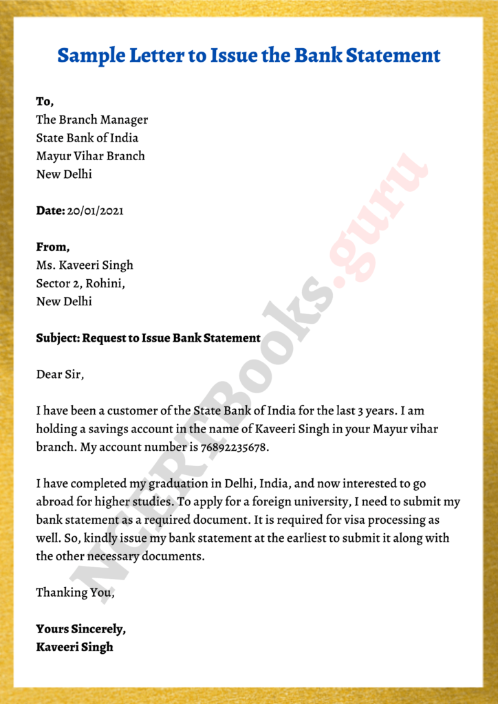 bank statement application letter