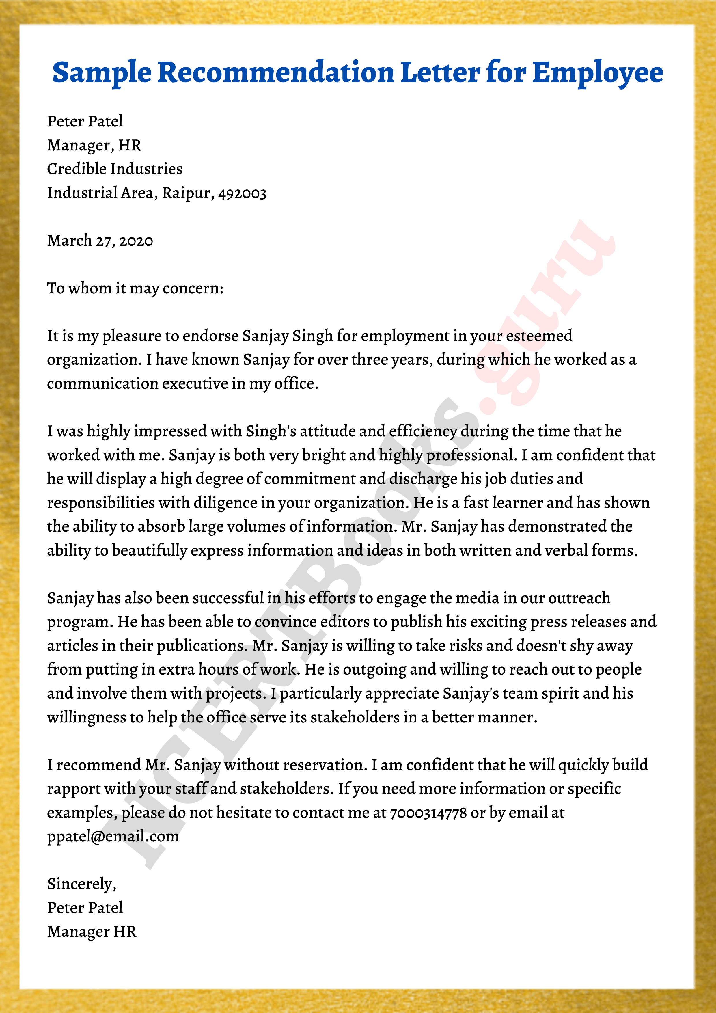 recommendation letter writing sample for employee