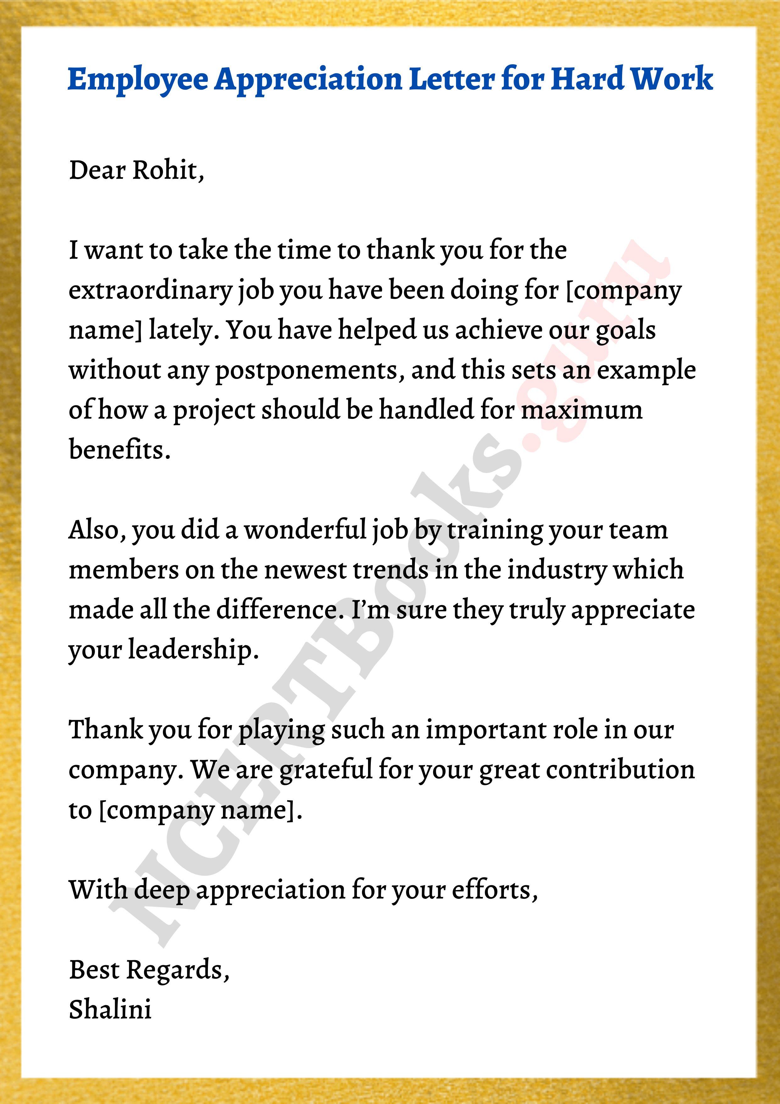 sample appreciation letter for an employee hard work