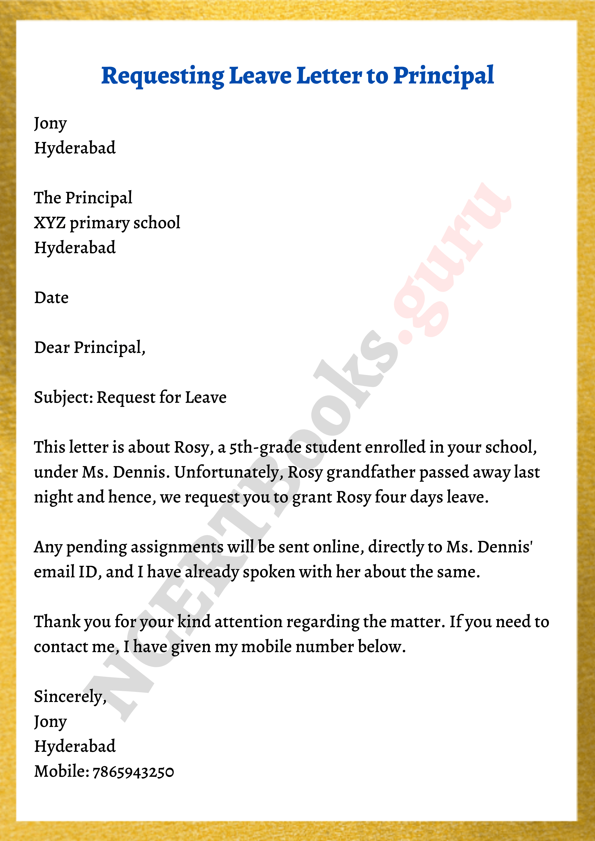 sample request leave letter to principal
