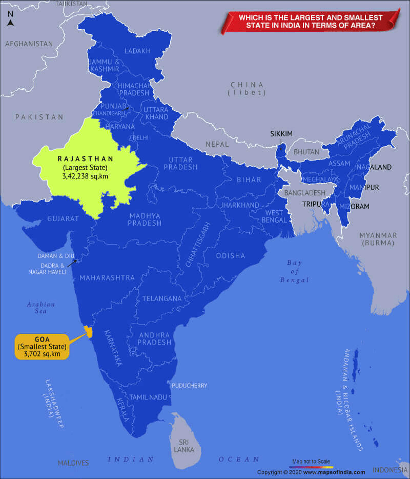 largest and smallest state of india In map